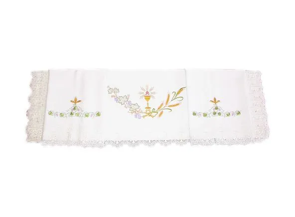 Mantel de altar con cáliz, Hostia y JHS bordados - Brabander. Mantel de altar con cáliz, Hostia y JHS bordados - Brabander.