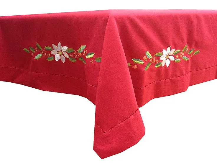 Mantel navideño con bodoques bordados y dobladillo en rojo sobre ...