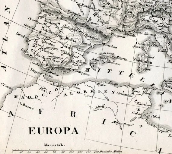 Mapa antiguo de Europa 1851 Mapa de Europa en blanco y negro - Etsy México