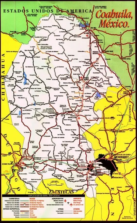 Mapa de carreteras de Coahuila - Coahuila de Zaragoza