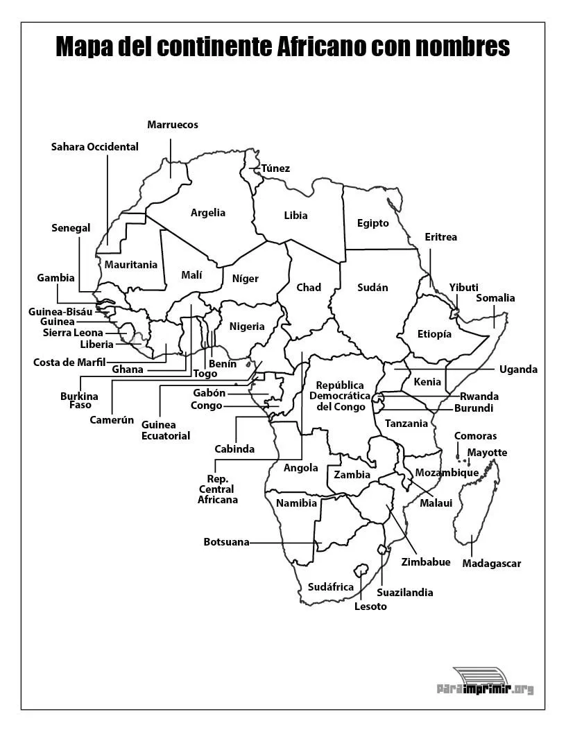 Mapa del continente Africano con nombres para imprimir Mapa del continente Africano con nombres para imprimir