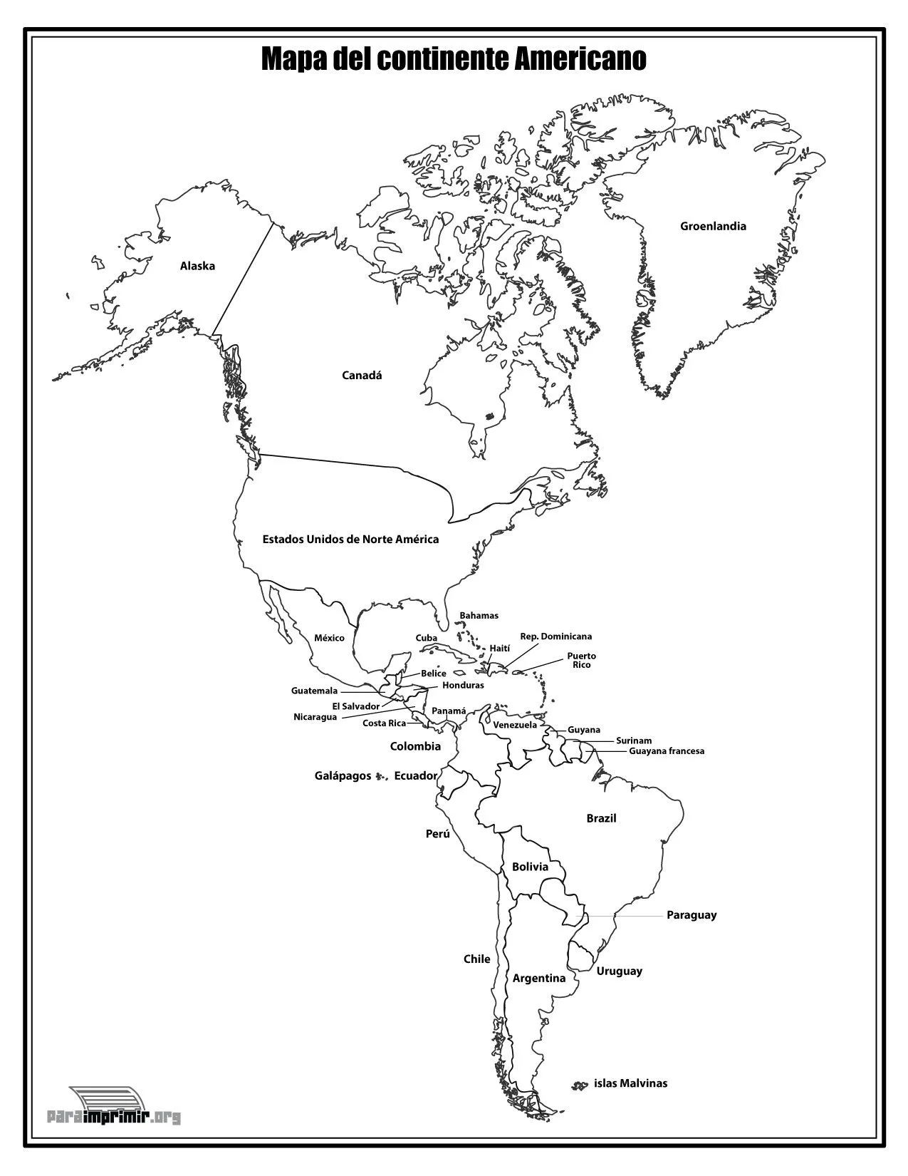Mapa del continente Americano con nombres para imprimir Mapa del continente Americano con nombres para imprimir