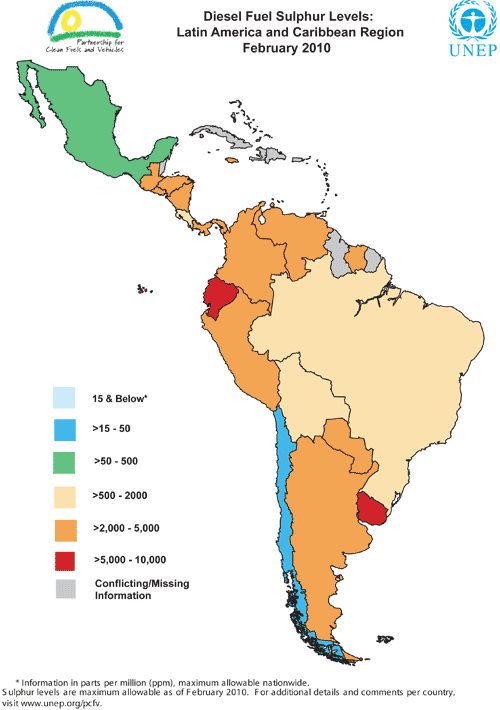 Mapa y datos por país del contenido de azufre en el diesel en ...