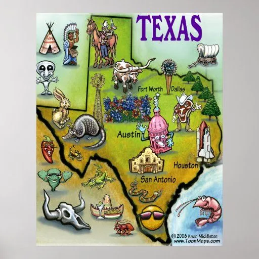Mapa del dibujo animado de Tejas Impresiones de Zazzle. Mapa del dibujo animado de Tejas Impresiones de Zazzle.