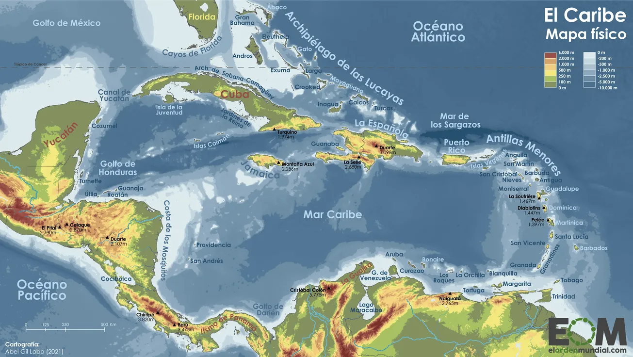 El mapa físico del Caribe - Mapas de El Orden Mundial - EOM El mapa físico del Caribe - Mapas de El Orden Mundial - EOM