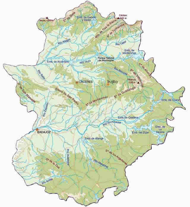 Mapa Físico Extremadura (Ríos y Sierras) | Mapa- Mapa Físico Extremadura (Ríos y Sierras) | Mapa-