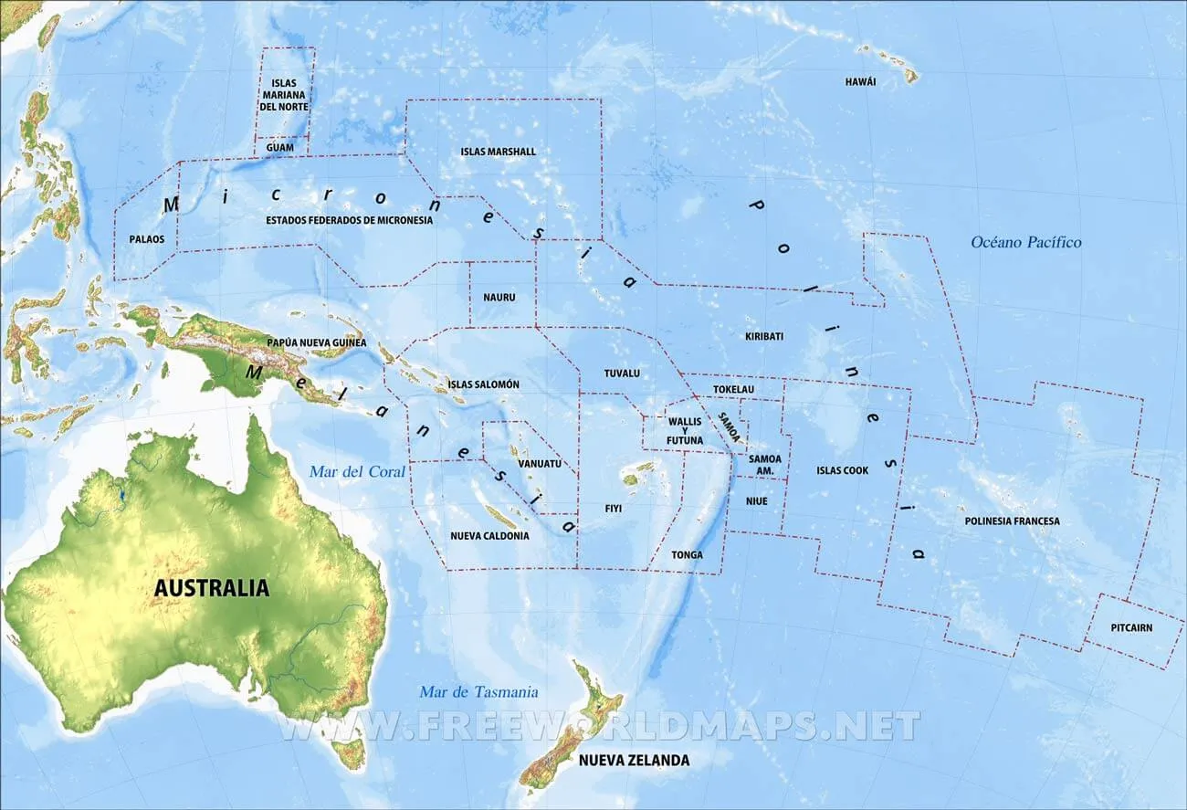 Mapa físico de Oceanía