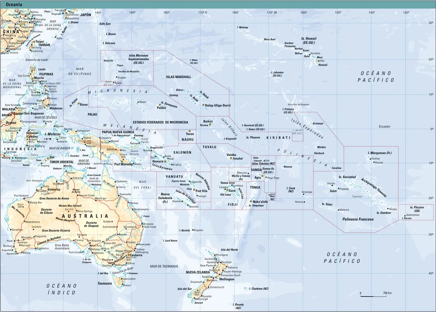 Mapa Físico de Oceanía - Tamaño completo