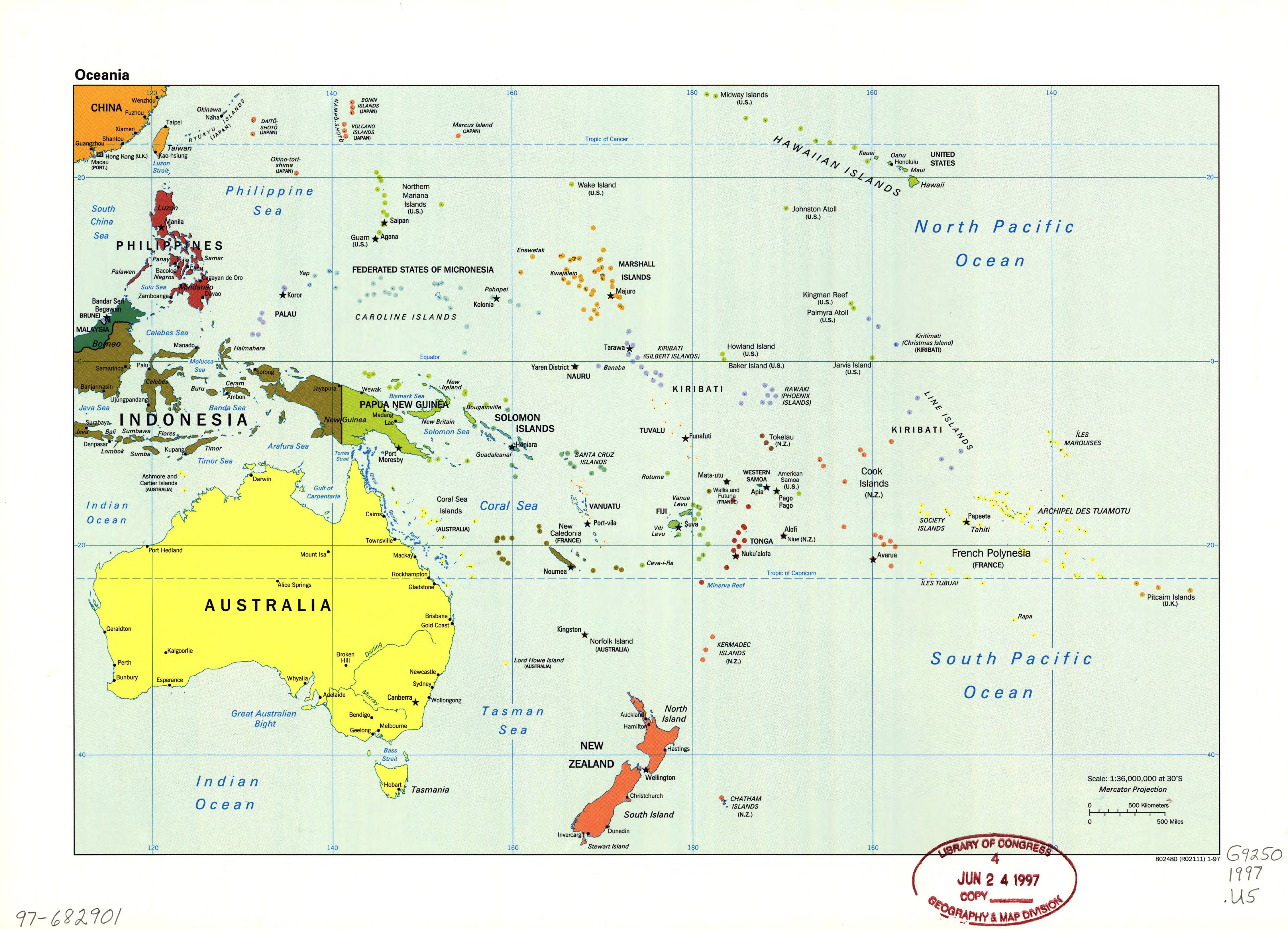 Mapa grande política detallada de Oceanía con marcas de capitales, grandes ciudades y nombres de los estados - 1997 | Oceanía | Mapas del Mundo Mapa grande política detallada de Oceanía con marcas de capitales, grandes ciudades y nombres de los estados - 1997 | Oceanía | Mapas del Mundo