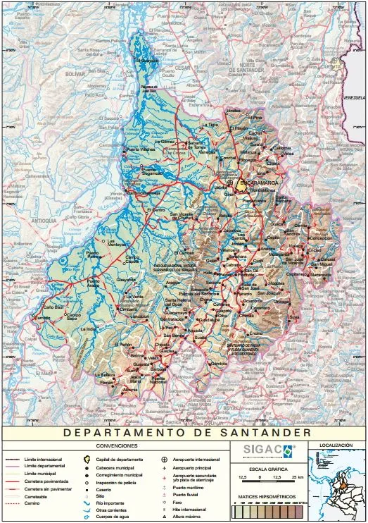Mapa para imprimir de Santander Mapa físico de Santander (Colombia ...