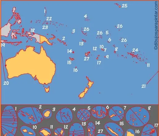 Mapa interactivo de Oceanía Países de Oceanía. Dibujos para pintar ...