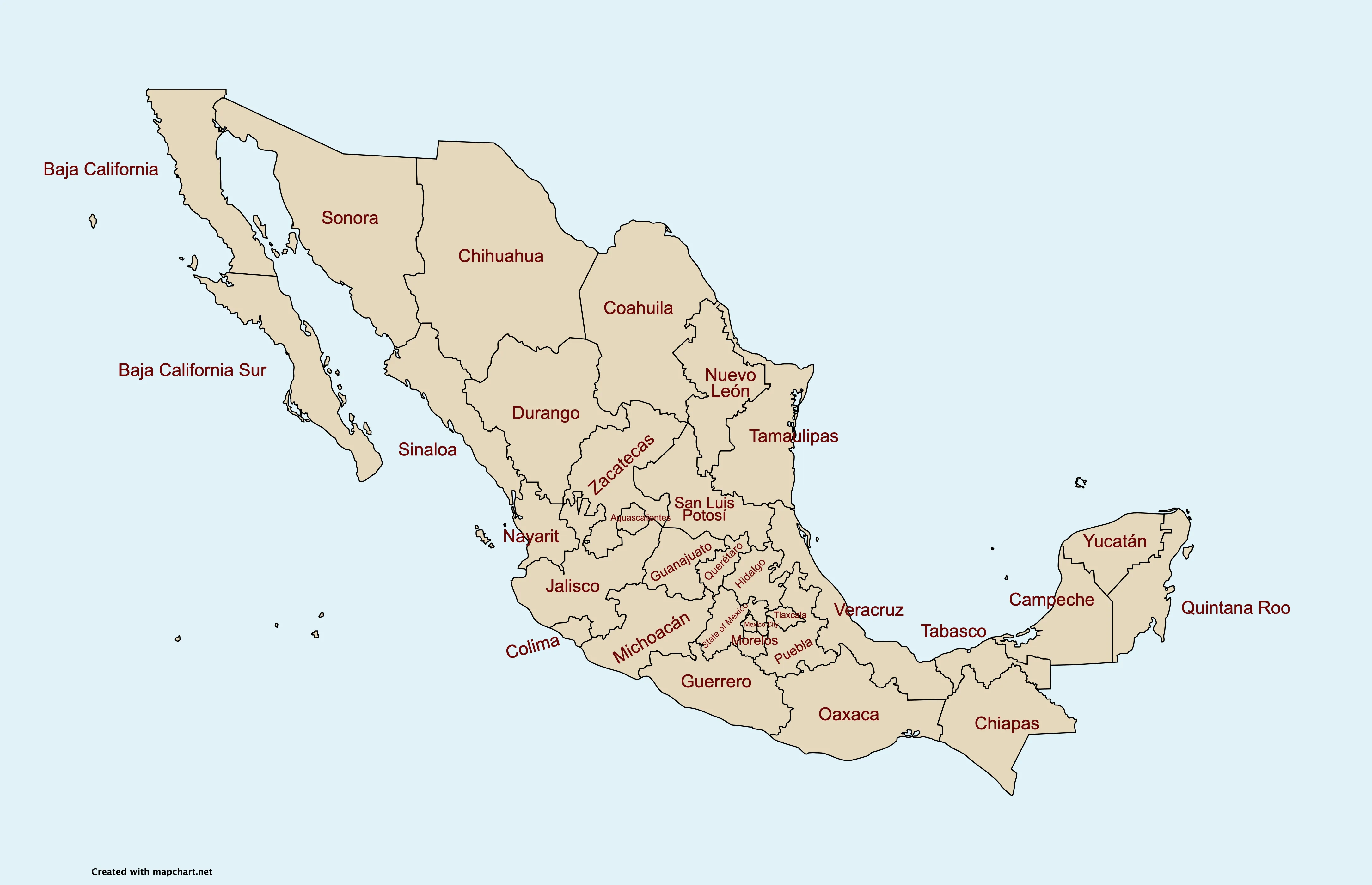 ▷ Mapa de México con nombres y división política por estados ▷ Mapa de México con nombres y división política por estados