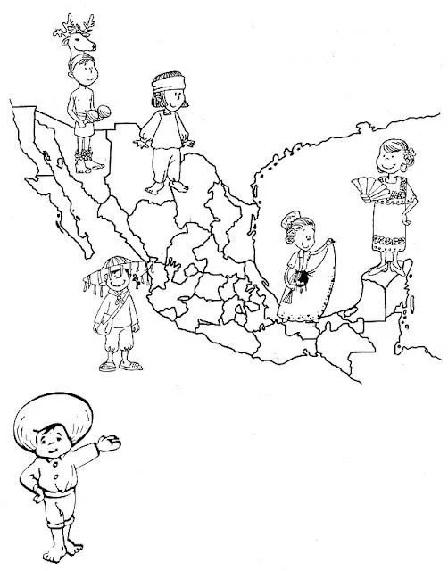 Mapa de México con sus trajes típicos para colorear - COLOREA TUS DIBUJOS Mapa de México con sus trajes típicos para colorear - COLOREA TUS DIBUJOS