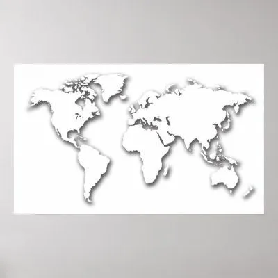 Mapa del mundo grabado en relieve blanco poster de Zazzle.
