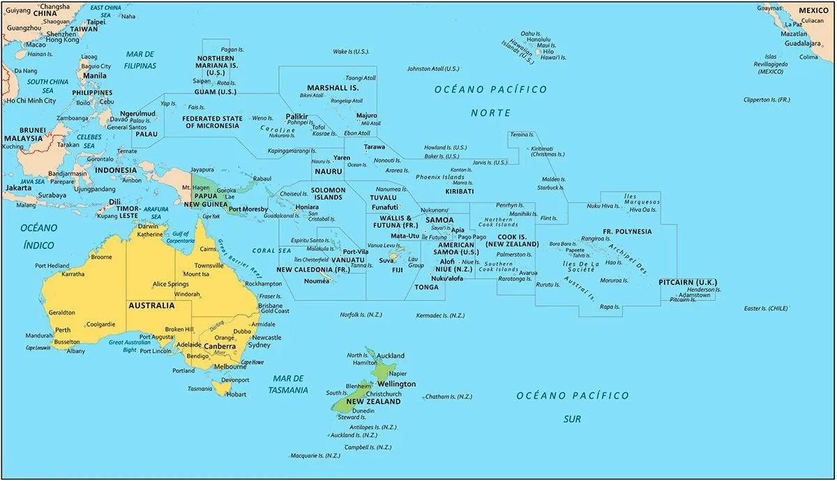 Mapa de Oceanía: Político y Físico (Mudo y Relleno) + Países Mapa de Oceanía: Político y Físico (Mudo y Relleno) + Países