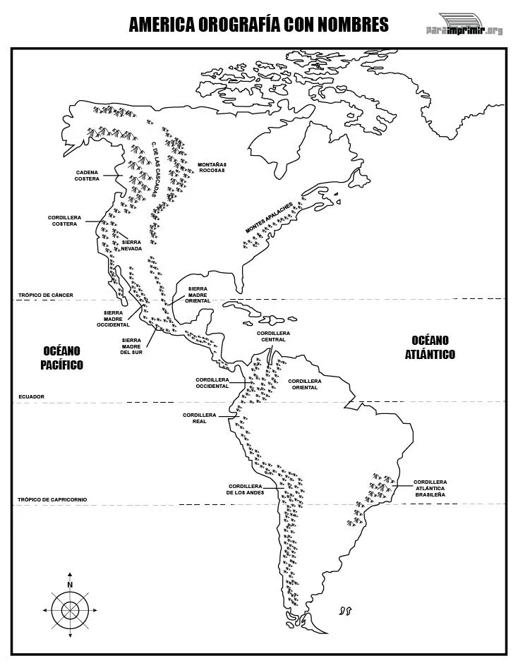 Mapa de la orografía de América con nombres para imprimir Mapa de la orografía de América con nombres para imprimir