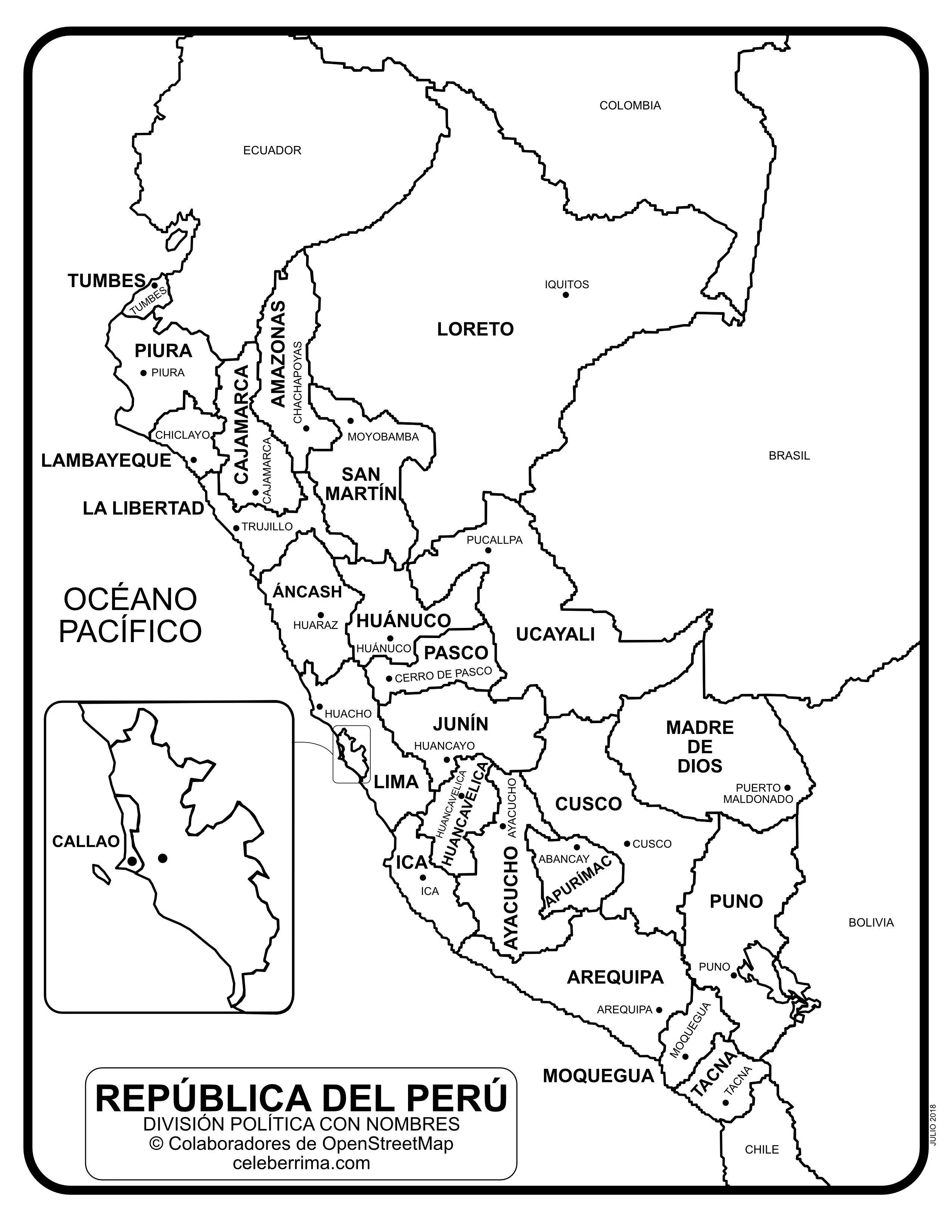 Mapa de Perú con departamentos y capitales para colorear - Celebérrima.com  | Mapas, Mapa para colorear, Perú
