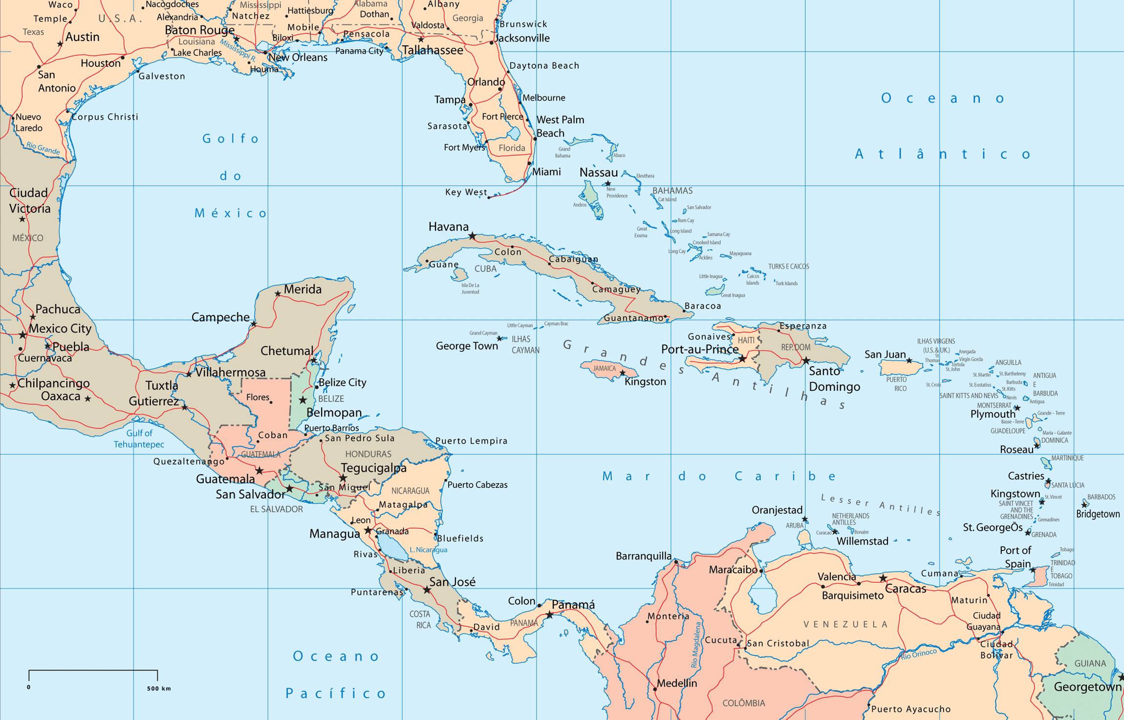 Mapa Político de América Central y del Caribe - Tamaño completo