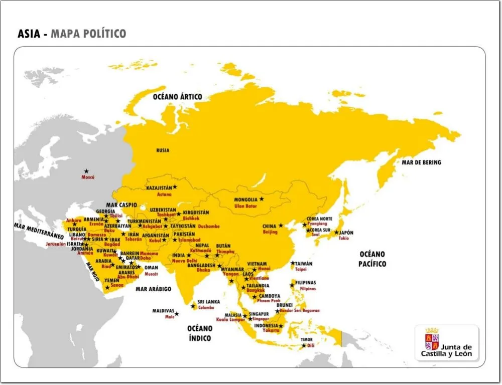 Mapa político de Asia Mapa de países y capitales de Asia. JCyL ...