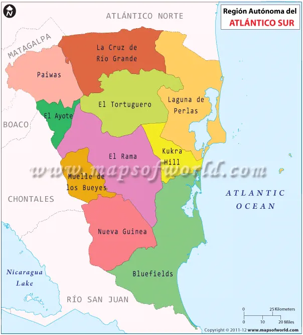 Mapa de Region Autonoma Atlantico Sur (RAAS) , RAAS Nicaragua