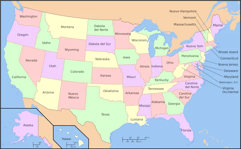 Mapa de Estados Unidos de America con Division Política y Nombres