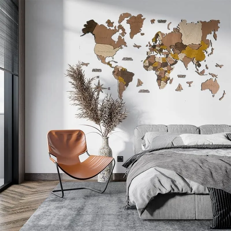 Mapamundi de madera efecto 3D en varios tonos para decoración de paredes Mapamundi de madera efecto 3D en varios tonos para decoración de paredes