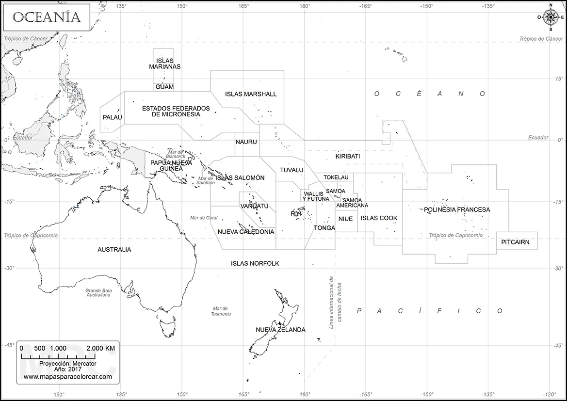 Mapas de Oceanía para colorear