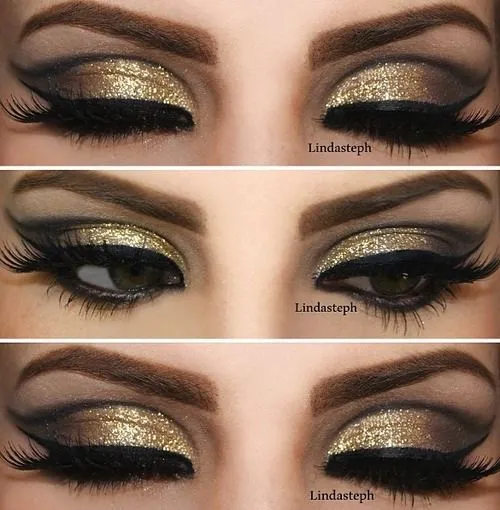 maquillaje de ojos color dorado con negro | Makeup | Pinterest