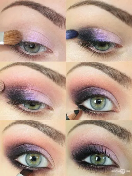Maquillaje de ojos con degradado de rosa a gris oscuro, paso a ... Maquillaje de ojos con degradado de rosa a gris oscuro, paso a ...