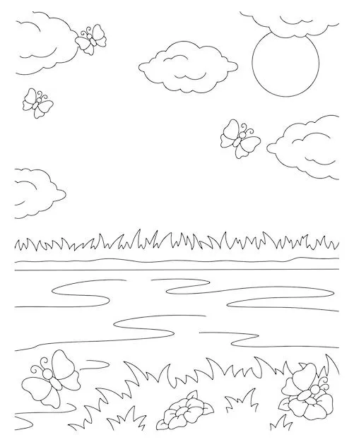 Maravilloso paisaje natural página de libro para colorear para niños | Vector Premium Maravilloso paisaje natural página de libro para colorear para niños | Vector Premium