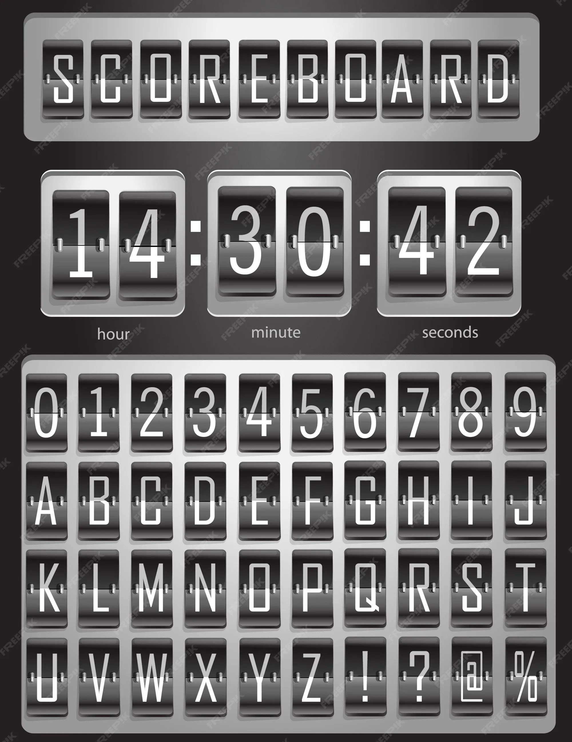 Marcador, tabla deportiva con un conjunto completo de alfabeto inglés y números del 1 al 9 en colores blanco y negro. ilustración | Vector Premium Marcador, tabla deportiva con un conjunto completo de alfabeto inglés y números del 1 al 9 en colores blanco y negro. ilustración | Vector Premium