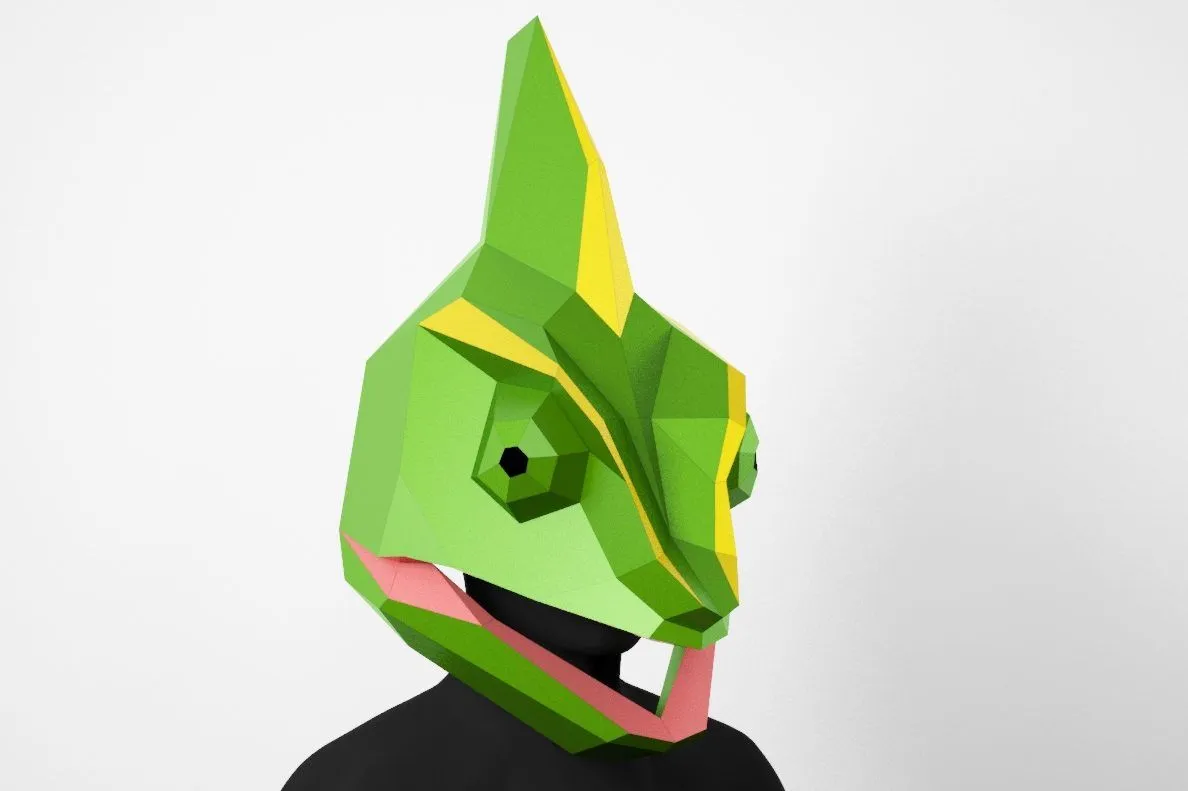 Máscara Camaleón, patrón low poly para ensamblar a partir de papel - LACRAFTA Máscara Camaleón, patrón low poly para ensamblar a partir de papel - LACRAFTA