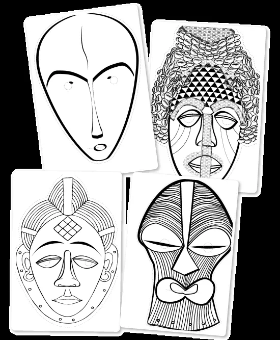 Máscaras africanas para recortar e colorir - StudHistória Máscaras africanas para recortar e colorir - StudHistória
