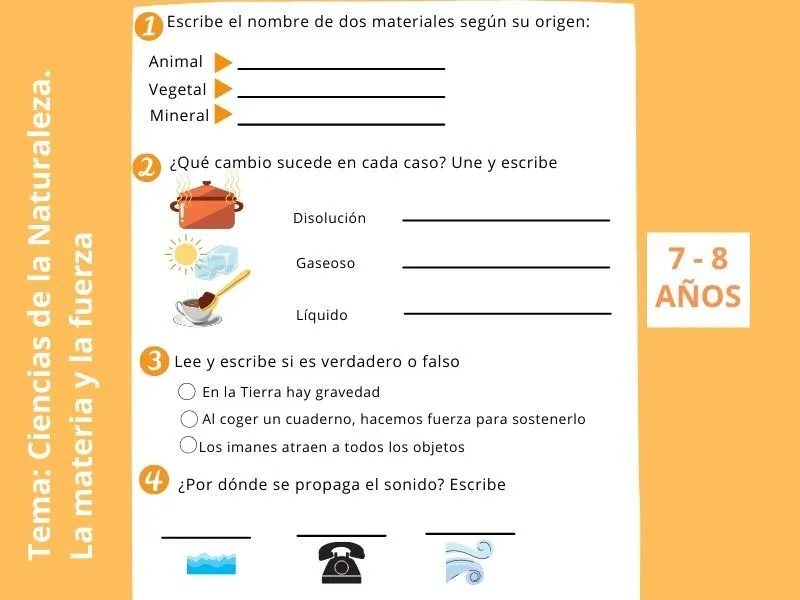 La materia y la fuerza. Ficha de Ciencias Naturales para 2º de Primaria