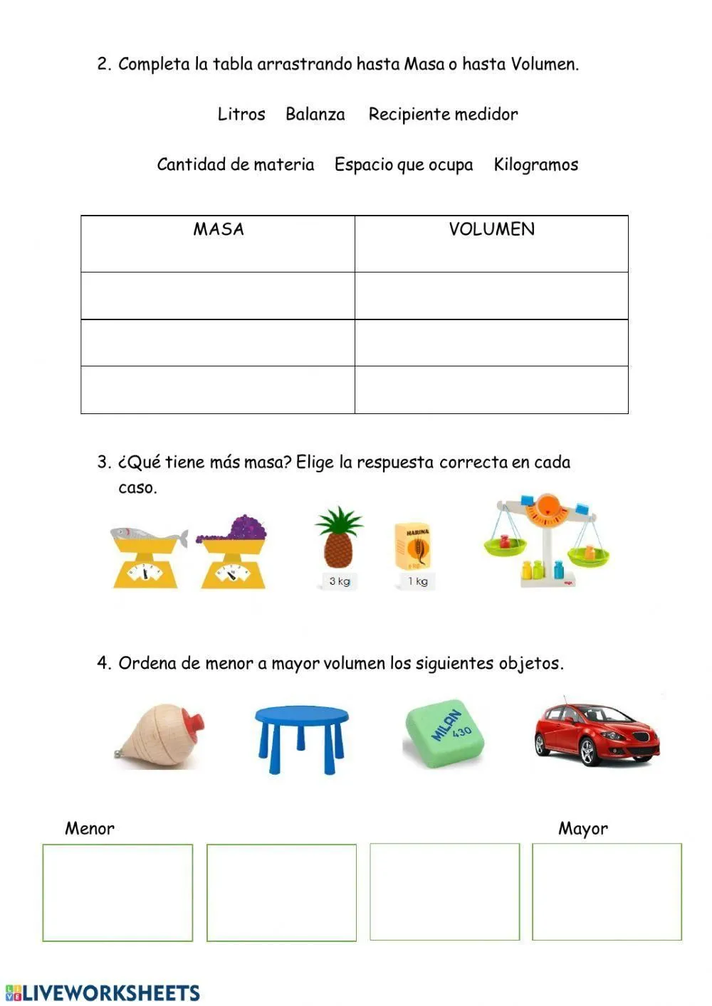 La materia: masa y volumen worksheet | Live Worksheets