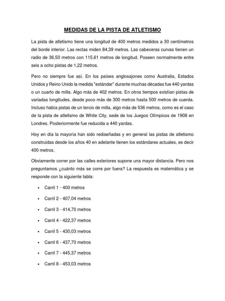 Medidas de La Pista de Atletismo | PDF | Deporte del atletismo | Músculo Medidas de La Pista de Atletismo | PDF | Deporte del atletismo | Músculo