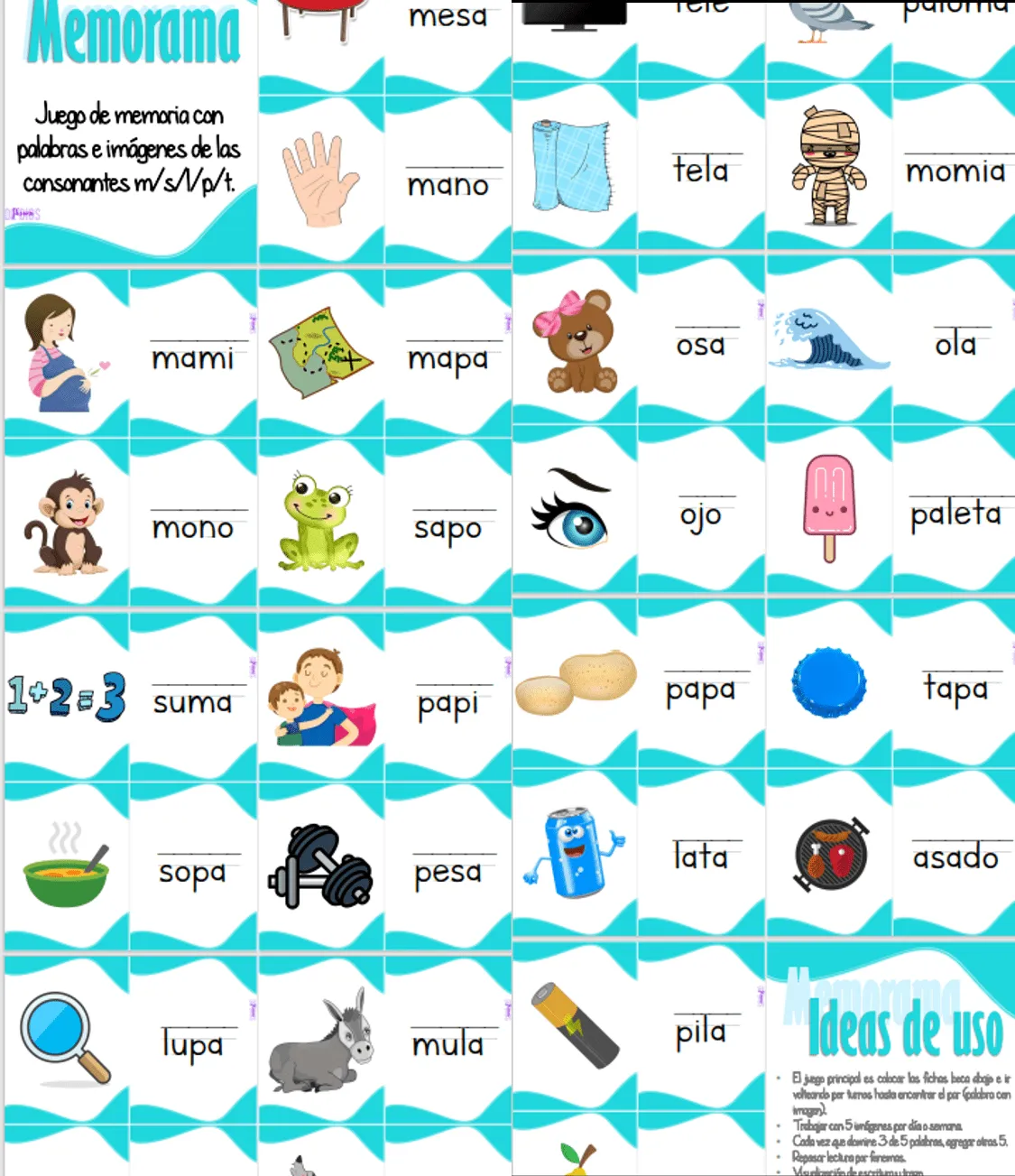 Memorama de palabras con imágenes de las consonantes m - s - l - p - t Memorama de palabras con imágenes de las consonantes m - s - l - p - t