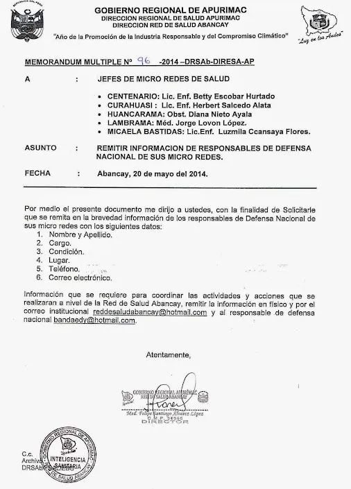 MEMORANDUM MULTIPLE Nº 96 - 2014 - DRSAb - DIRESA - AP ﻿