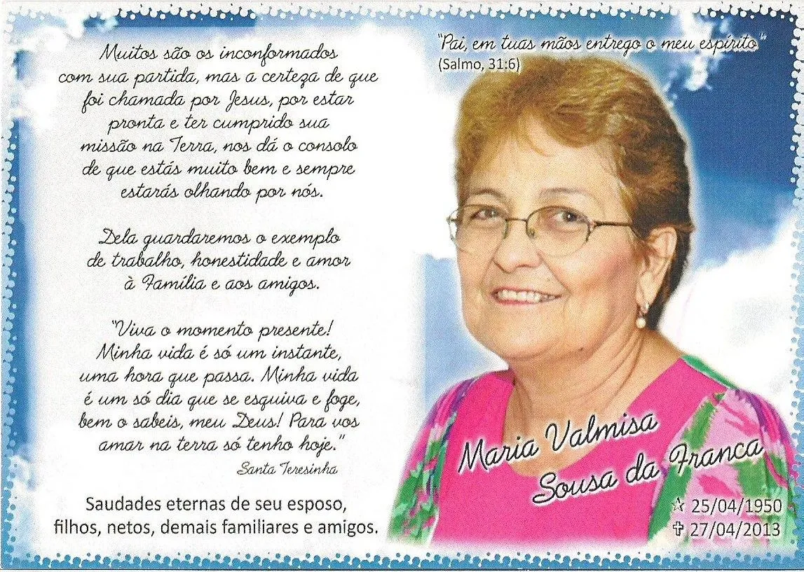 MEMÓRIAS: MISSA DE SÉTIMO DIA - MARIA VALMISA SOUSA DA FRANCA MEMÓRIAS: MISSA DE SÉTIMO DIA - MARIA VALMISA SOUSA DA FRANCA
