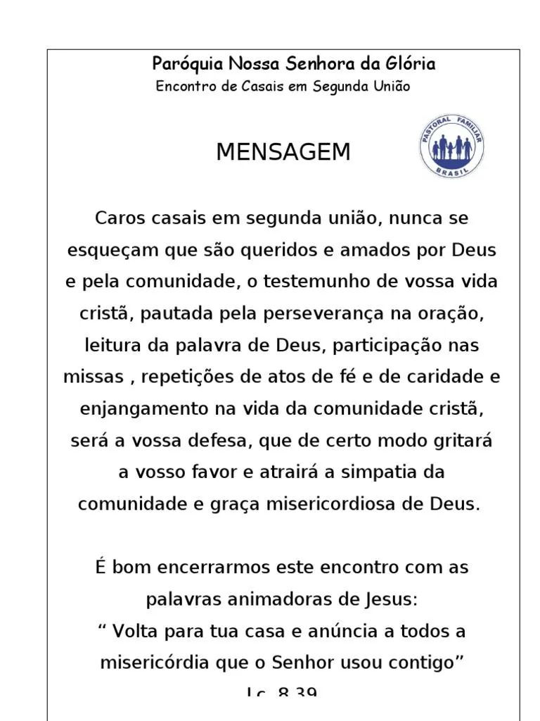 MENSAGEM de PARABÉNS 02 - AOS CASAIS EM SEGUNDA UNIÃO - 2012 | PDF MENSAGEM de PARABÉNS 02 - AOS CASAIS EM SEGUNDA UNIÃO - 2012 | PDF