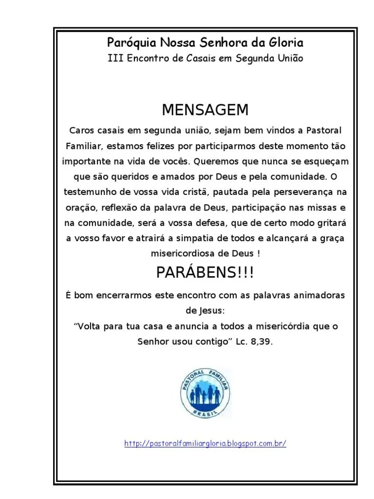 MENSAGEM de PARABÉNS AOS CASAIS EM SEGUNDA UNIÃO - 2012 | PDF MENSAGEM de PARABÉNS AOS CASAIS EM SEGUNDA UNIÃO - 2012 | PDF