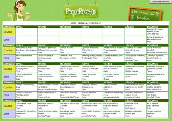 Menú semanal de comidas para septiembre ¡vuelta al cole ...