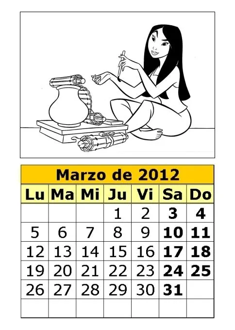 Calendario de Mulan para colorear de 2012 (1ª parte) : Calendarios ...