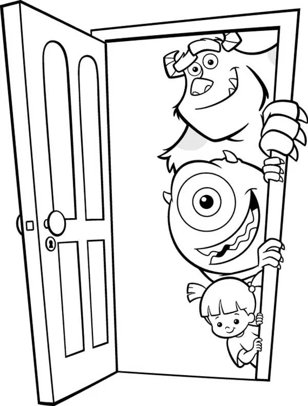 Mike, Sulley and Boo In Front of the Door in Monsters Inc Coloring ...