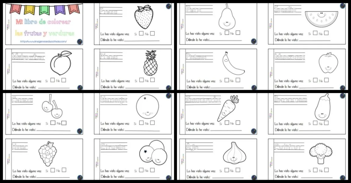 MINI CUADERNO para colorear frutas y verduras – Imagenes Educativas