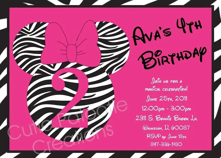 Minnie Mouse Ears Birthday Party Invitation - Pink Zebra Animal Print ... Minnie Mouse Ears Birthday Party Invitation - Pink Zebra Animal Print ...