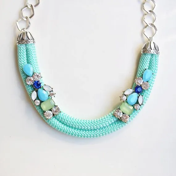 Mint and Blue Statement Necklace with rhinestones - Chunky bib ... Mint and Blue Statement Necklace with rhinestones - Chunky bib ...