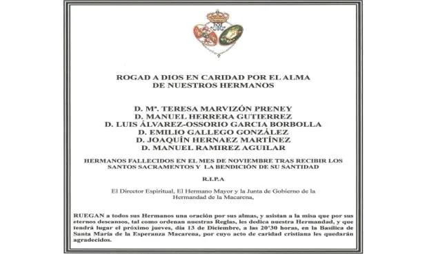 Misa de Hermandad por nuestros Hermanos difuntos en el mes de ...