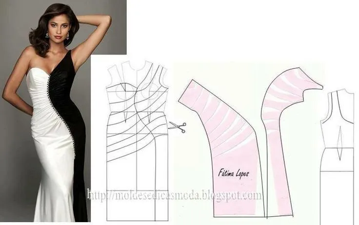 Modelagem de vestido com drapeado sinuoso frontal. Fonte: https ... Modelagem de vestido com drapeado sinuoso frontal. Fonte: https ...