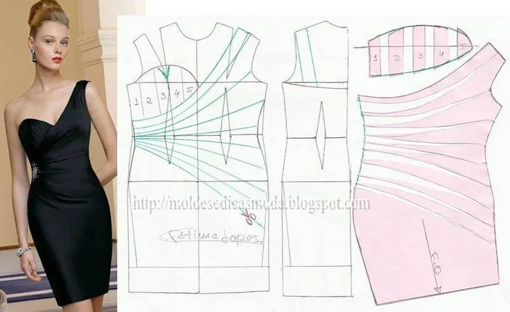 Modelagem vestido de um ombro só com drapeado na altura da cintura ... Modelagem vestido de um ombro só com drapeado na altura da cintura ...